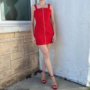 Vintage Cotton Stretch Fire Red Silver Buckle Straps Front Zipper Mini Dress!